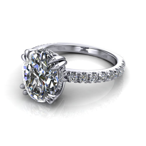 Jordyn oval hidden halo engagement ring in Platinum, three-quarter perspective showing the oval center diamond with a hidden halo above a pave band