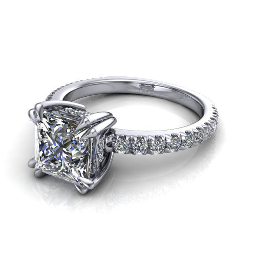 Jordyn princess-cut hidden halo engagement ring in 18K White Gold, three-quarter perspective showing the princess-cut center diamond with a hidden halo above a pave band
