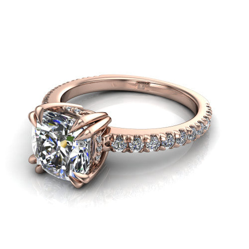 Jordyn cushion hidden halo engagement ring in 18K Rose Gold, three-quarter perspective showing the cushion center diamond with a hidden halo above a pave band