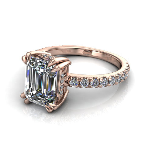 Jordyn emerald-cut hidden halo engagement ring in 14K Rose Gold, three-quarter perspective showing the emerald-cut center diamond with a hidden halo above a pave band