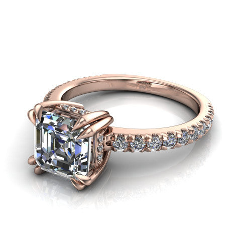 Jordyn square emerald-cut hidden halo engagement ring in 18K Rose Gold, three-quarter perspective showing the square emerald-cut center diamond with a hidden halo above a pave band