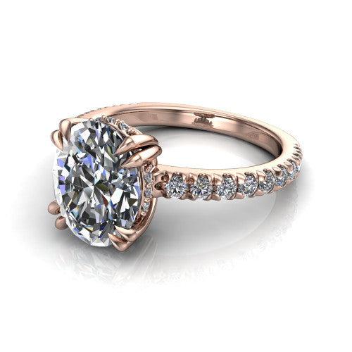 Jordyn oval hidden halo engagement ring in 14K Rose Gold, three-quarter perspective showing the oval center diamond with a hidden halo above a pave band