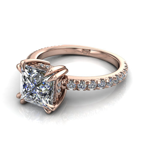 Jordyn princess-cut hidden halo engagement ring in 18K Rose Gold, three-quarter perspective showing the princess-cut center diamond with a hidden halo above a pave band