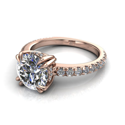 Jordyn round hidden halo engagement ring in 14K Rose Gold, three-quarter perspective showing the round center diamond with a hidden halo above a pave band