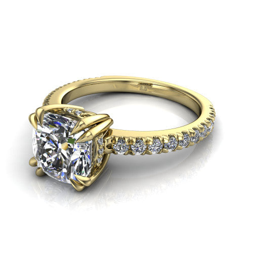 Jordyn cushion hidden halo engagement ring in 14K Yellow Gold, three-quarter perspective showing the cushion center diamond with a hidden halo above a pave band