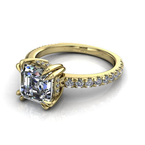 Jordyn square emerald-cut hidden halo engagement ring in 14K Yellow Gold, three-quarter perspective showing the square emerald-cut center diamond with a hidden halo above a pave band