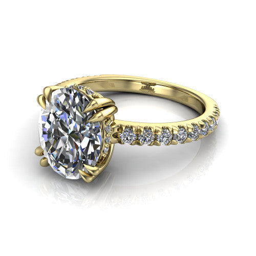Jordyn oval hidden halo engagement ring in 18K Yellow Gold, three-quarter perspective showing the oval center diamond with a hidden halo above a pave band