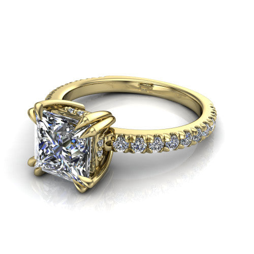 Jordyn princess-cut hidden halo engagement ring in 18K Yellow Gold, three-quarter perspective showing the princess-cut center diamond with a hidden halo above a pave band