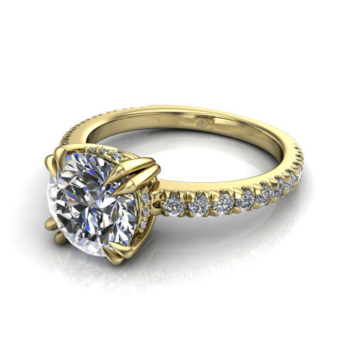Jordyn round hidden halo engagement ring in 14K Yellow Gold, three-quarter perspective showing the round center diamond with a hidden halo above a pave band