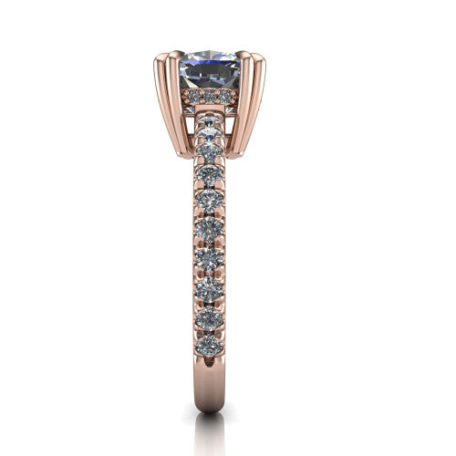 Jordyn cushion hidden halo engagement ring in 14K Rose Gold, side profile showing the concealed halo and pave shoulders in side view