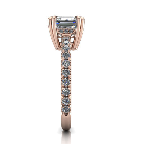 Jordyn square emerald-cut hidden halo engagement ring in 18K Rose Gold, side profile showing the concealed halo and pave shoulders in side view