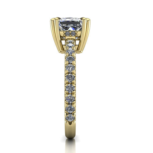 Jordyn princess-cut hidden halo engagement ring in 14K Yellow Gold, side profile showing the concealed halo and pave shoulders in side view