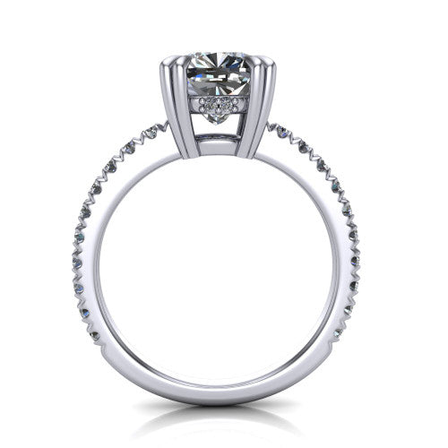 Jordyn cushion hidden halo engagement ring in Platinum, through-finger front profile showing the hidden halo and pave band from the front
