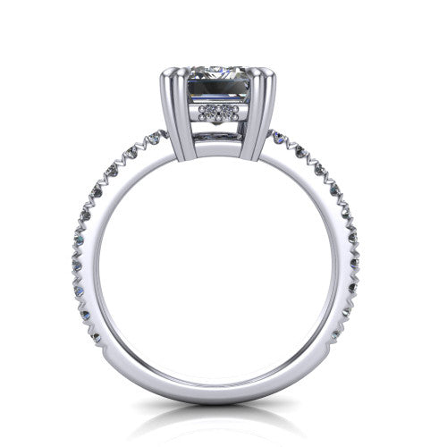 Jordyn emerald-cut hidden halo engagement ring in 14K White Gold, through-finger front profile showing the hidden halo and pave band from the front