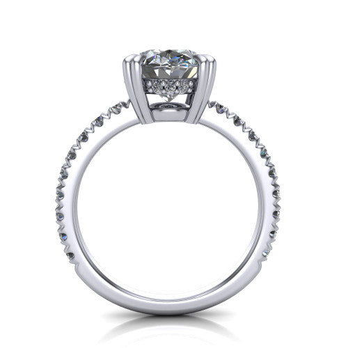 Jordyn oval hidden halo engagement ring in 14K White Gold, through-finger front profile showing the hidden halo and pave band from the front