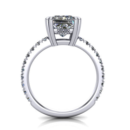 Jordyn princess-cut hidden halo engagement ring in 18K White Gold, through-finger front profile showing the hidden halo and pave band from the front