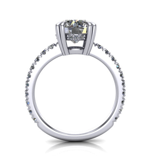 Jordyn round hidden halo engagement ring in 14K White Gold, through-finger front profile showing the hidden halo and pave band from the front