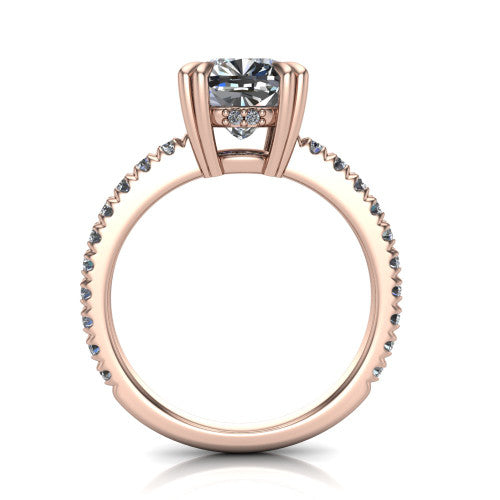 Jordyn cushion hidden halo engagement ring in 18K Rose Gold, through-finger front profile showing the hidden halo and pave band from the front
