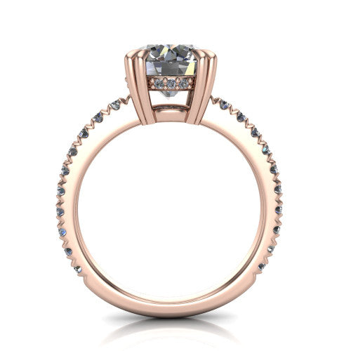 Jordyn round hidden halo engagement ring in 18K Rose Gold, through-finger front profile showing the hidden halo and pave band from the front