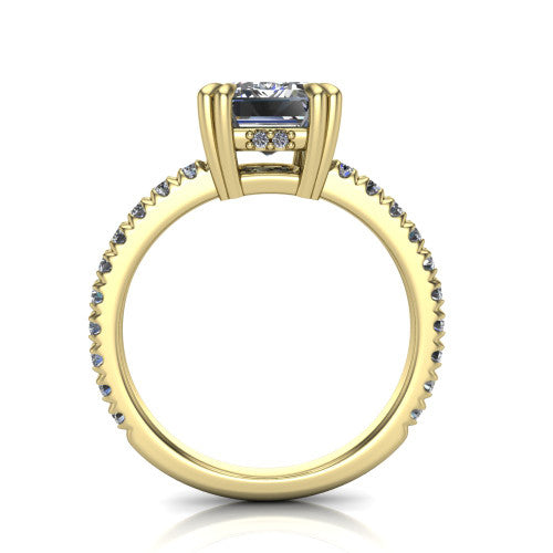 Jordyn emerald-cut hidden halo engagement ring in 14K Yellow Gold, through-finger front profile showing the hidden halo and pave band from the front