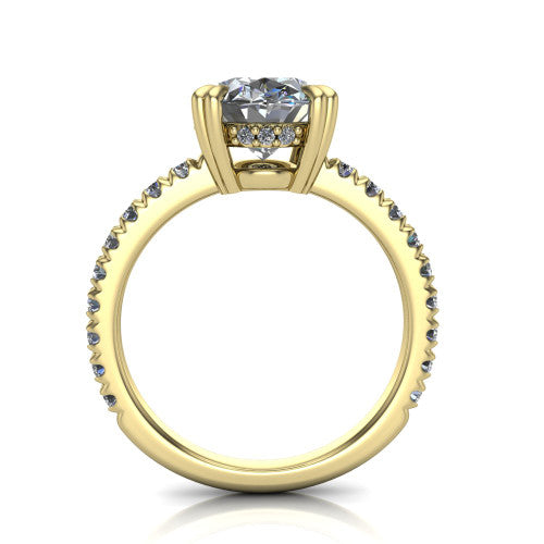 Jordyn oval hidden halo engagement ring in 14K Yellow Gold, through-finger front profile showing the hidden halo and pave band from the front