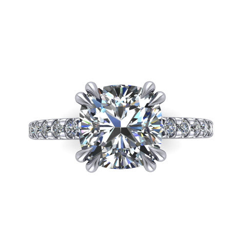 Jordyn cushion hidden halo engagement ring in Platinum, top-down view showing the cushion center diamond and pave band from above
