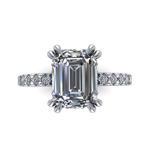 Jordyn emerald-cut hidden halo engagement ring in 18K White Gold, top-down view showing the emerald-cut center diamond and pave band from above