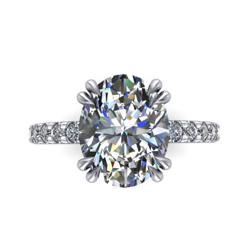 Jordyn oval hidden halo engagement ring in 18K White Gold, top-down view showing the oval center diamond and pave band from above