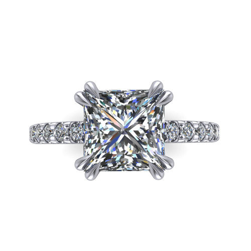 Jordyn princess-cut hidden halo engagement ring in 14K White Gold, top-down view showing the princess-cut center diamond and pave band from above