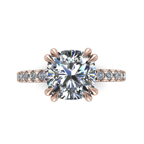Jordyn cushion hidden halo engagement ring in 14K Rose Gold, top-down view showing the cushion center diamond and pave band from above