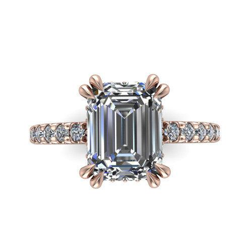 Jordyn emerald-cut hidden halo engagement ring in 18K Rose Gold, top-down view showing the emerald-cut center diamond and pave band from above
