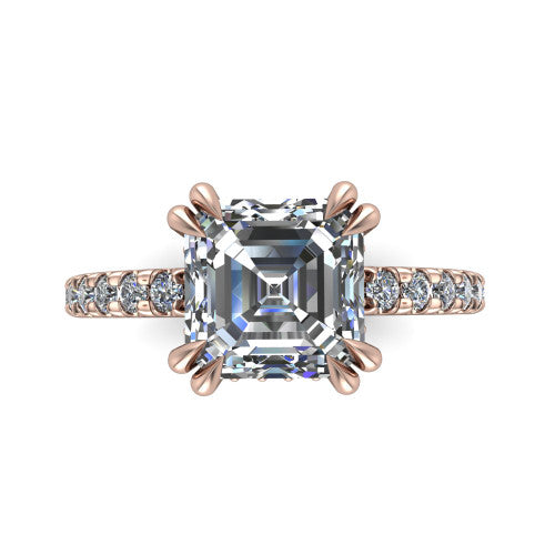 Jordyn square emerald-cut hidden halo engagement ring in 18K Rose Gold, top-down view showing the square emerald-cut center diamond and pave band from above