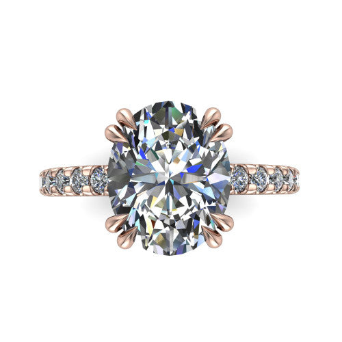 Jordyn oval hidden halo engagement ring in 14K Rose Gold, top-down view showing the oval center diamond and pave band from above