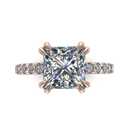 Jordyn princess-cut hidden halo engagement ring in 18K Rose Gold, top-down view showing the princess-cut center diamond and pave band from above