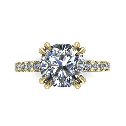 Jordyn cushion hidden halo engagement ring in 14K Yellow Gold, top-down view showing the cushion center diamond and pave band from above