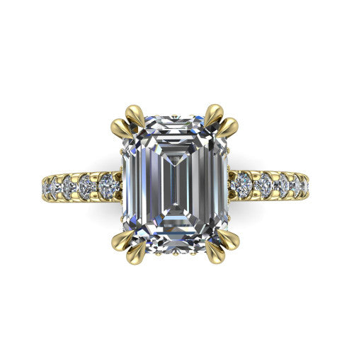 Jordyn emerald-cut hidden halo engagement ring in 14K Yellow Gold, top-down view showing the emerald-cut center diamond and pave band from above