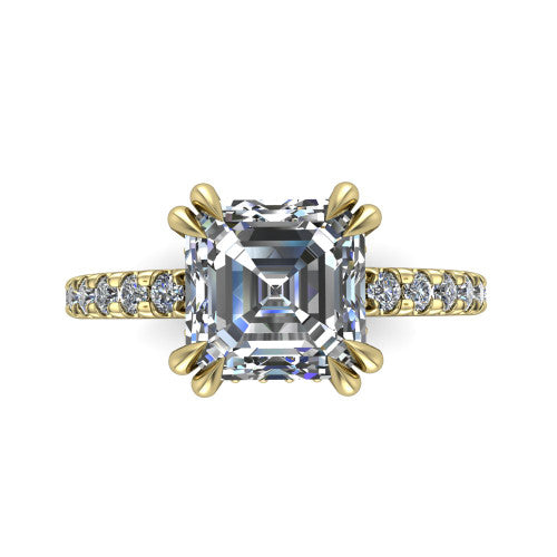 Jordyn square emerald-cut hidden halo engagement ring in 18K Yellow Gold, top-down view showing the square emerald-cut center diamond and pave band from above