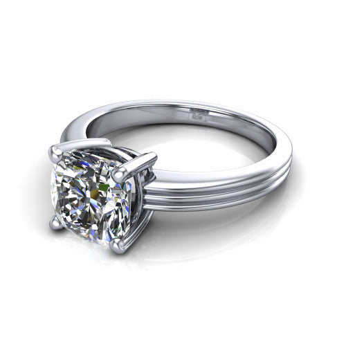 Reagan cushion classic engagement ring in 18K White Gold, three-quarter perspective showing the cushion center diamond above a grooved polished band