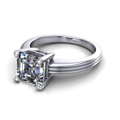 Reagan square emerald-cut classic engagement ring in 14K White Gold, three-quarter perspective showing the square emerald-cut center diamond above a grooved polished band