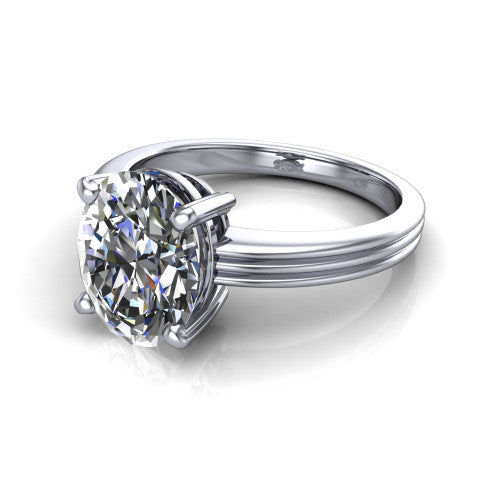 Reagan oval classic engagement ring in Platinum, three-quarter perspective showing the oval center diamond above a grooved polished band
