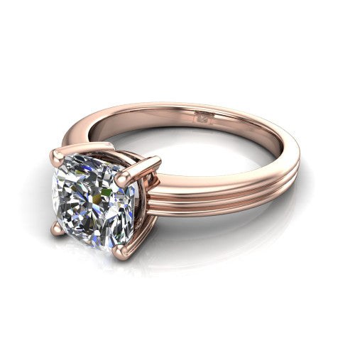 Reagan cushion classic engagement ring in 18K Rose Gold, three-quarter perspective showing the cushion center diamond above a grooved polished band