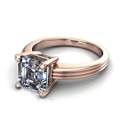 Reagan square emerald-cut classic engagement ring in 18K Rose Gold, three-quarter perspective showing the square emerald-cut center diamond above a grooved polished band