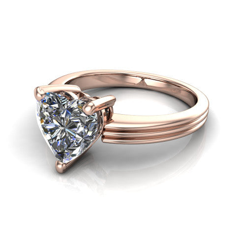 Reagan heart classic engagement ring in 14K Rose Gold, three-quarter perspective showing the heart center diamond above a grooved polished band