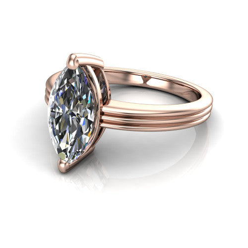 Reagan marquise classic engagement ring in 14K Rose Gold, three-quarter perspective showing the marquise center diamond above a grooved polished band