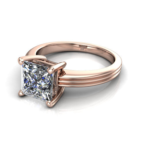 Reagan princess-cut classic engagement ring in 18K Rose Gold, three-quarter perspective showing the princess-cut center diamond above a grooved polished band