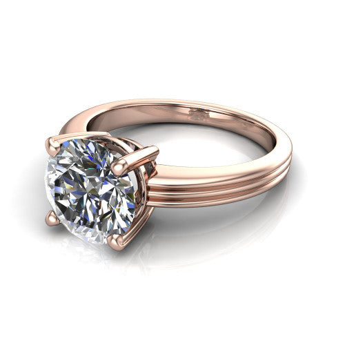 Reagan round classic engagement ring in 14K Rose Gold, three-quarter perspective showing the round center diamond above a grooved polished band