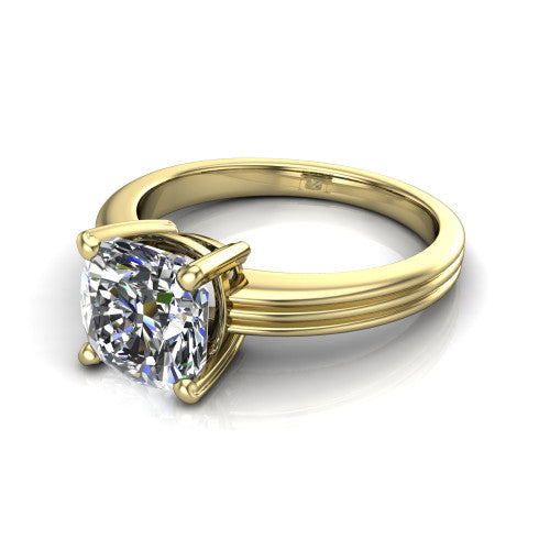 Reagan cushion classic engagement ring in 18K Yellow Gold, three-quarter perspective showing the cushion center diamond above a grooved polished band