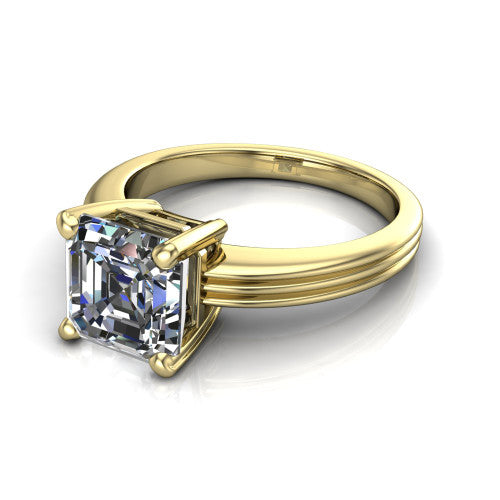 Reagan square emerald-cut classic engagement ring in 14K Yellow Gold, three-quarter perspective showing the square emerald-cut center diamond above a grooved polished band
