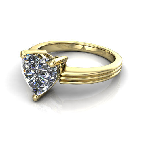 Reagan heart classic engagement ring in 18K Yellow Gold, three-quarter perspective showing the heart center diamond above a grooved polished band
