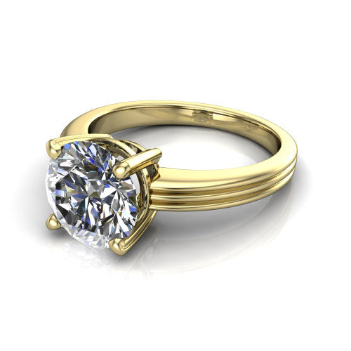 Reagan round classic engagement ring in 18K Yellow Gold, three-quarter perspective showing the round center diamond above a grooved polished band
